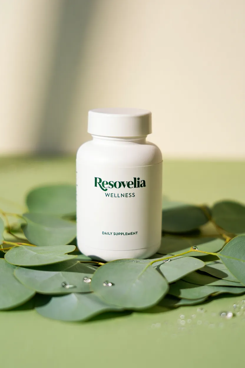 Resovelia wellness supplement package displayed on a natural background with botanical elements